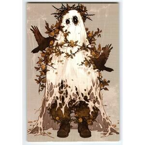 Halloween Ghost with Crows & Roses Photochrome Postcard 5.5x4 Chrome